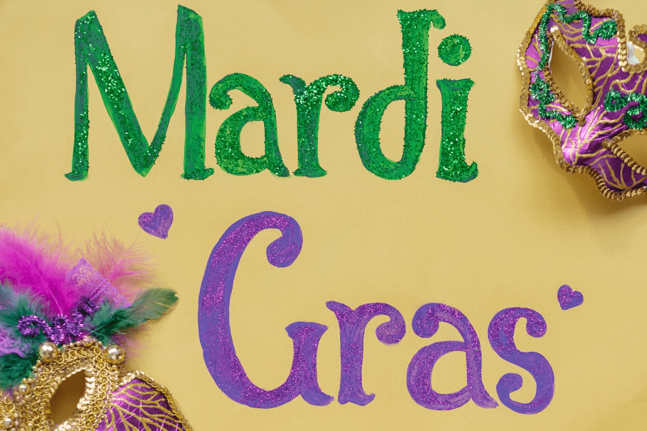 Un cartel con purpurina y máscaras que reza "Mardi Gras"