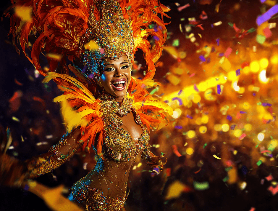 Una joven vestida de carnaval sonriendo entre luces y confeti.