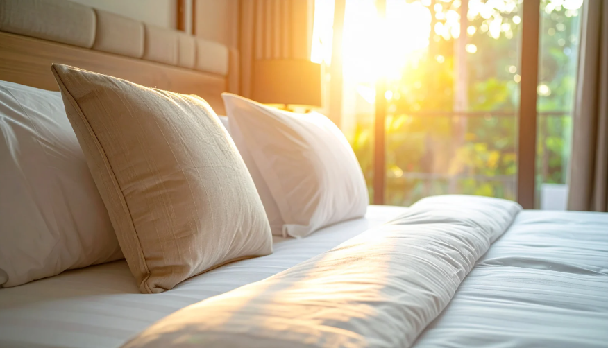 Una cama de sábanas blancas con un amanecer en la ventana del fondo.